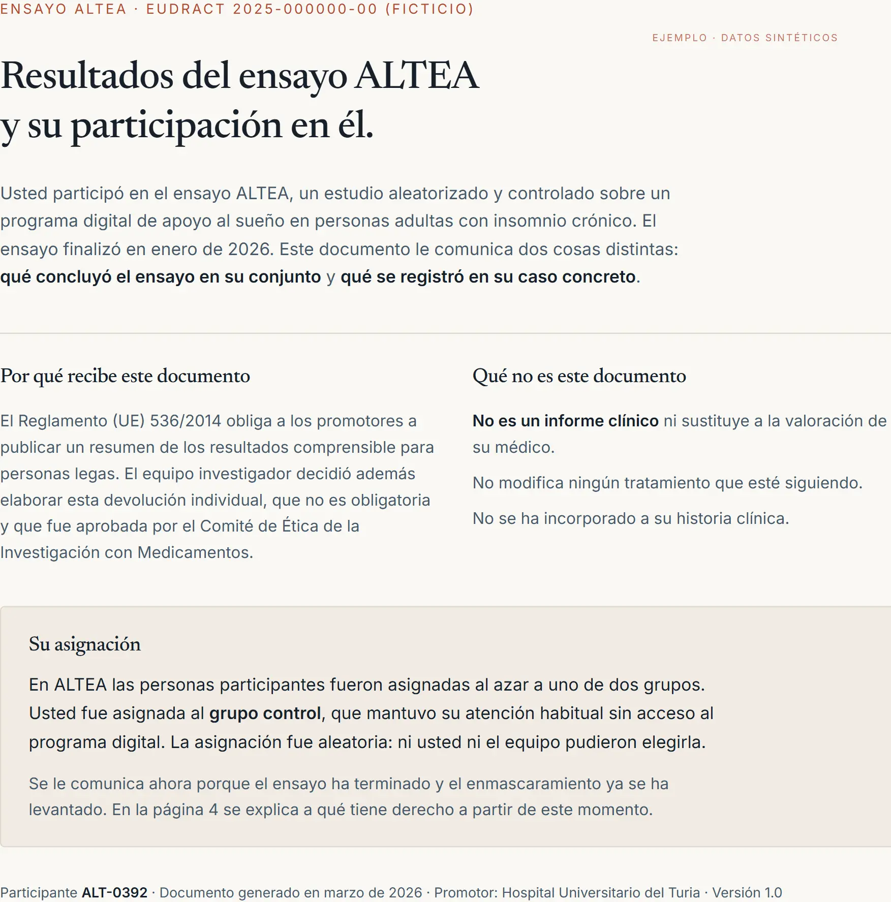 Primera página del informe de ejemplo: Ensayo clínico aleatorizado sobre insomnio
